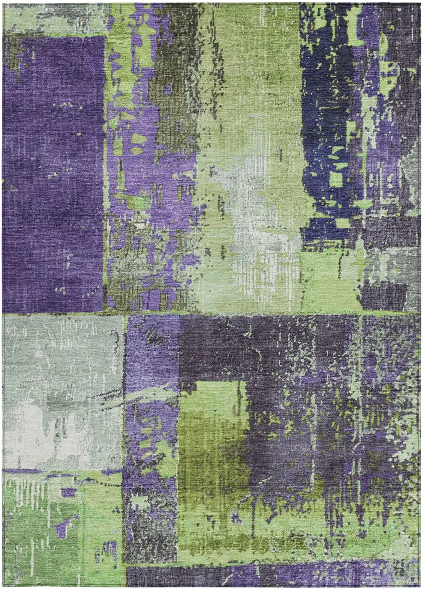 Artichoke Green And Purple Abstract Washable Indoor Outdoor Area Rug Photo 4