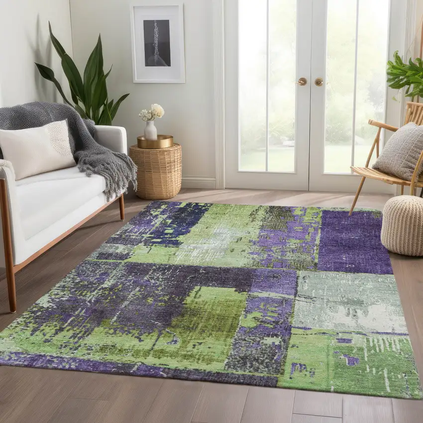 Artichoke Green And Purple Abstract Washable Indoor Outdoor Area Rug Photo 7