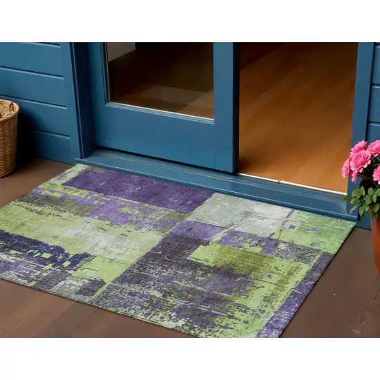 Artichoke Green And Purple Abstract Washable Indoor Outdoor Area Rug Photo 2