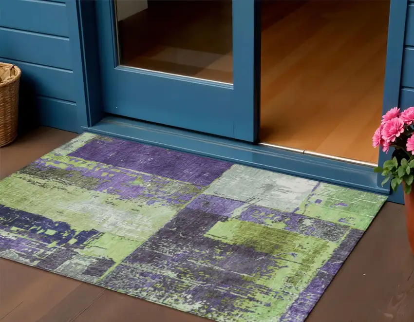 Artichoke Green And Purple Abstract Washable Indoor Outdoor Area Rug Photo 2