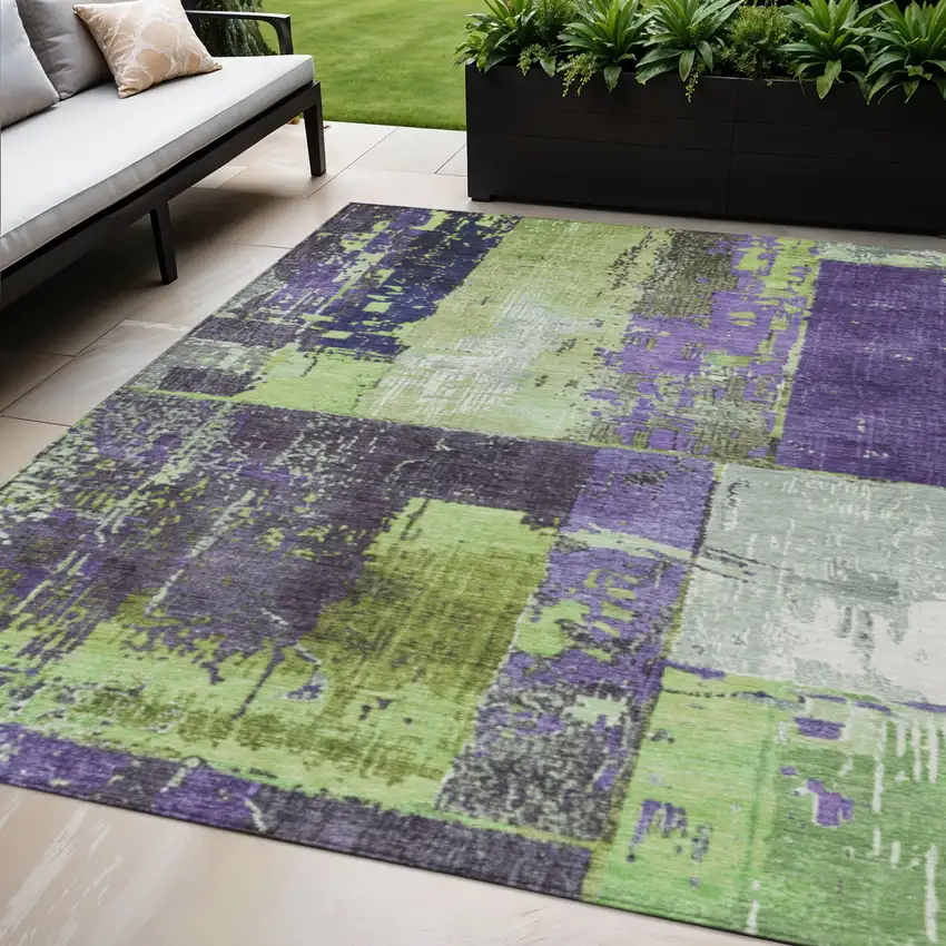 Artichoke Green And Purple Abstract Washable Indoor Outdoor Area Rug Photo 2
