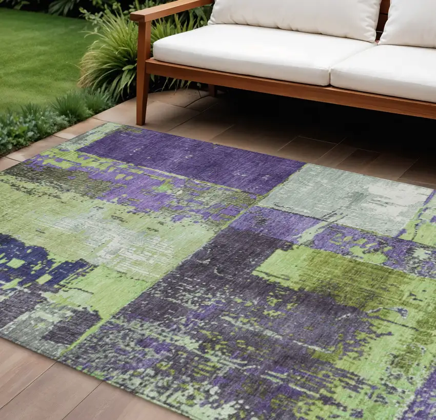 Artichoke Green And Purple Abstract Washable Indoor Outdoor Area Rug Photo 2