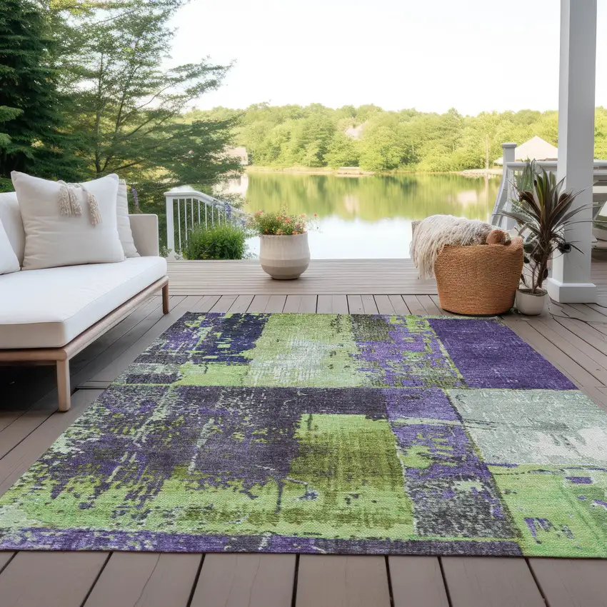 Artichoke Green And Purple Abstract Washable Indoor Outdoor Area Rug Photo 5