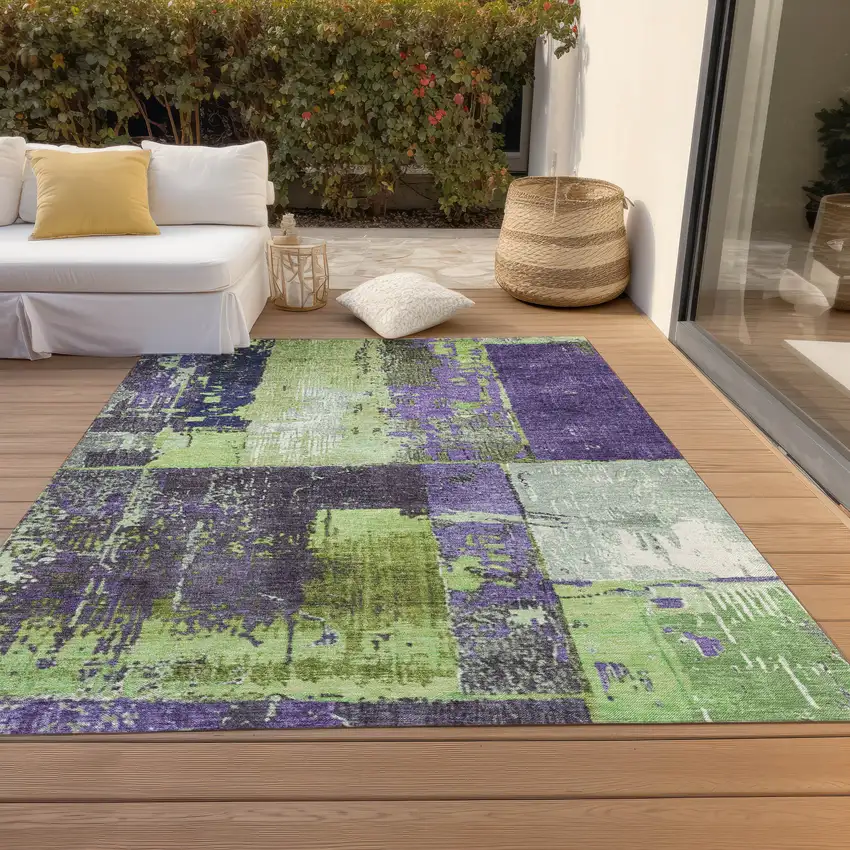 Artichoke Green And Purple Abstract Washable Indoor Outdoor Area Rug Photo 8