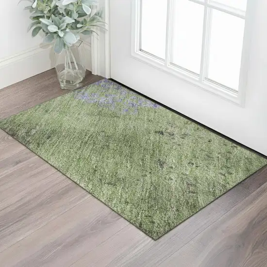Artichoke Green And Purple Floral Washable Area Rug With UV Protection Photo 2