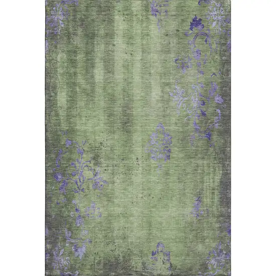 Artichoke Green And Purple Floral Washable Area Rug With UV Protection Photo 6