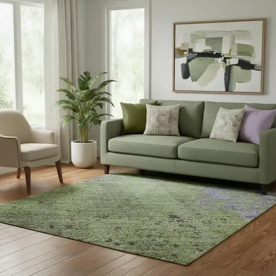 Artichoke Green And Purple Floral Washable Area Rug With UV Protection Photo 2