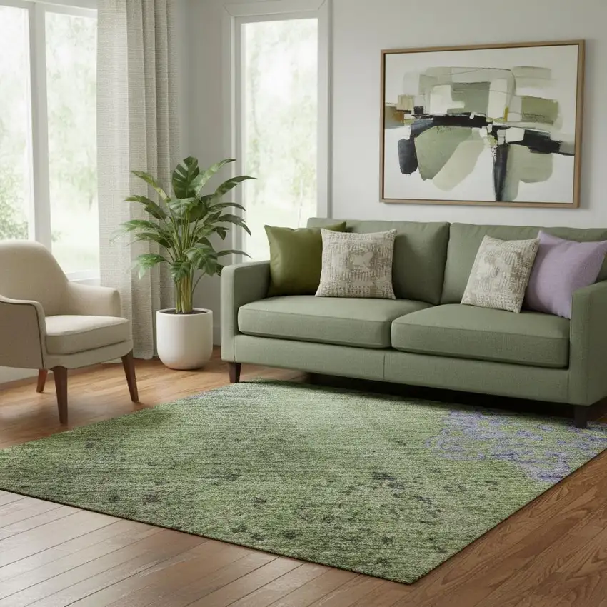 Artichoke Green And Purple Floral Washable Area Rug With UV Protection Photo 2