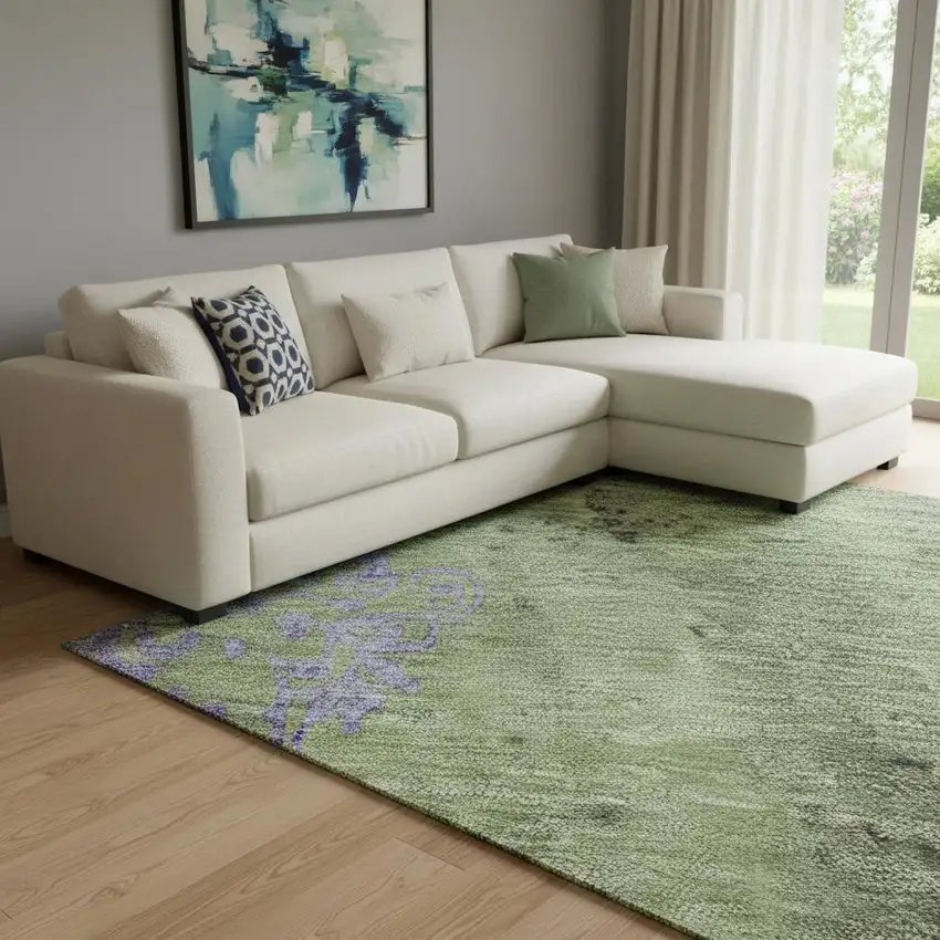 Artichoke Green And Purple Floral Washable Area Rug With UV Protection Photo 2