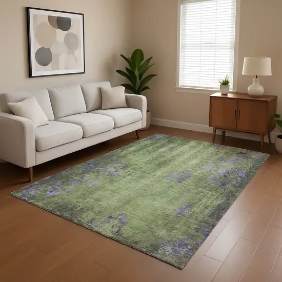 Artichoke Green And Purple Floral Washable Area Rug With UV Protection Photo 4