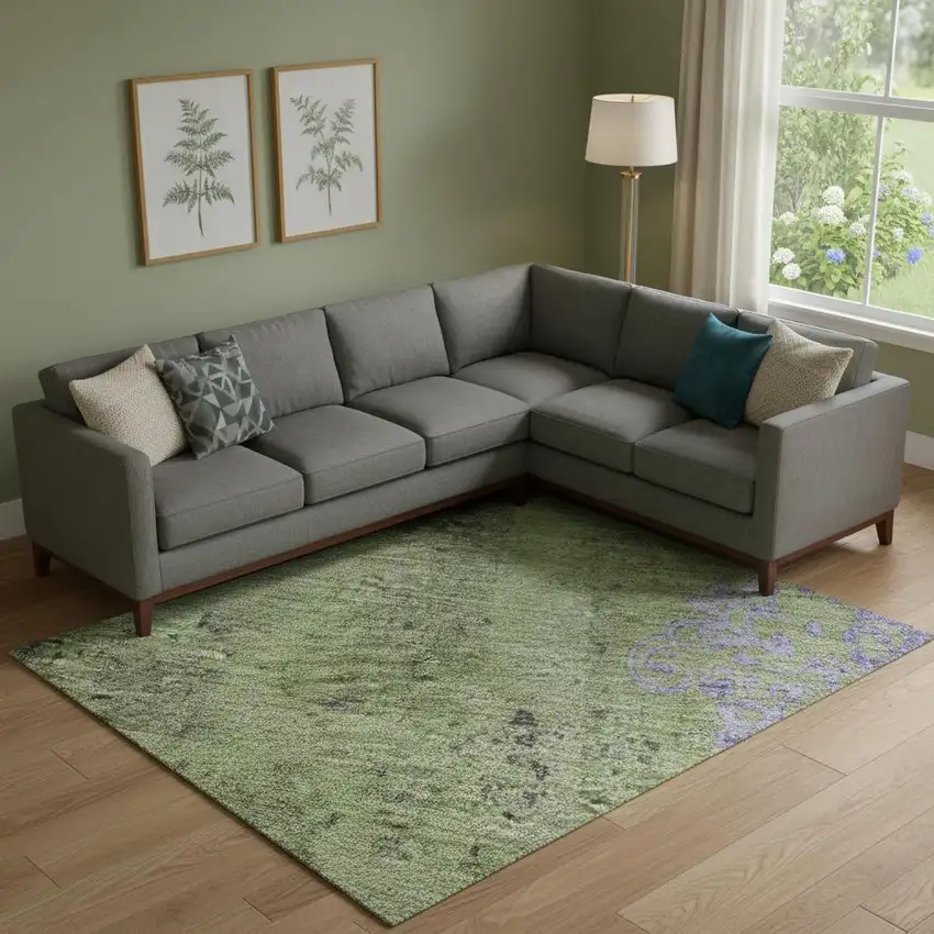 Artichoke Green And Purple Floral Washable Area Rug With UV Protection Photo 2