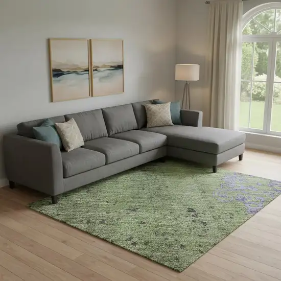 Artichoke Green And Purple Floral Washable Area Rug With UV Protection Photo 2