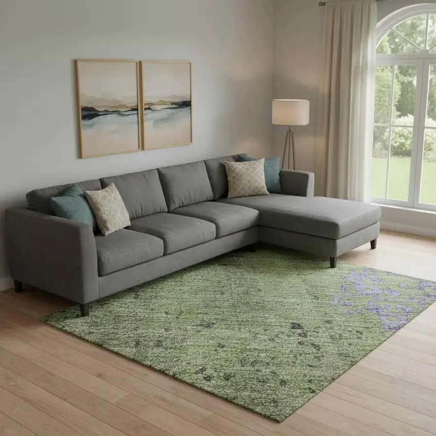 Artichoke Green And Purple Floral Washable Area Rug With UV Protection Photo 2