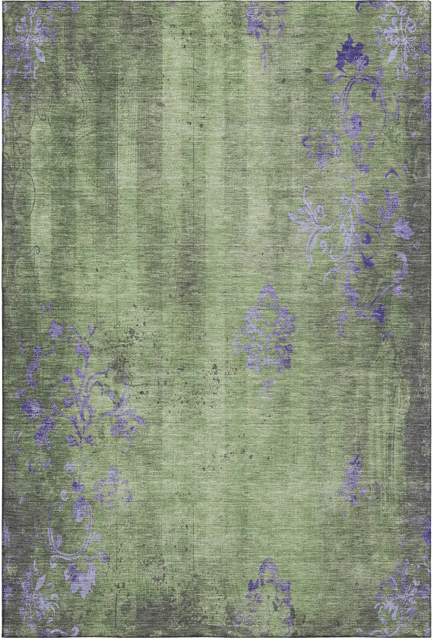 Artichoke Green And Purple Floral Washable Area Rug With UV Protection Photo 6