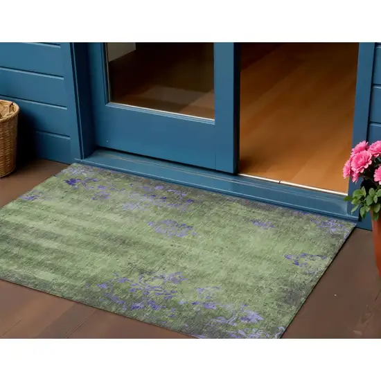 Artichoke Green And Purple Floral Washable Indoor Outdoor Area Rug Photo 2