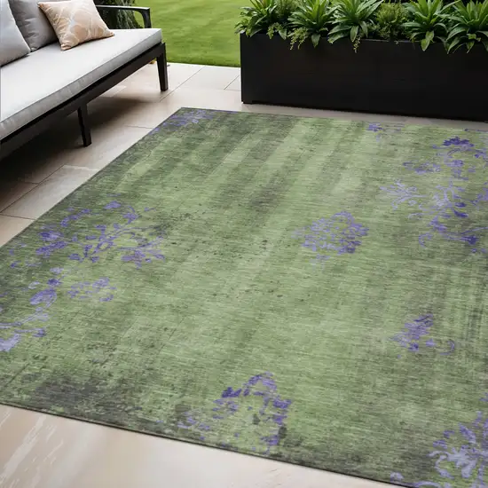 Artichoke Green And Purple Floral Washable Indoor Outdoor Area Rug Photo 2