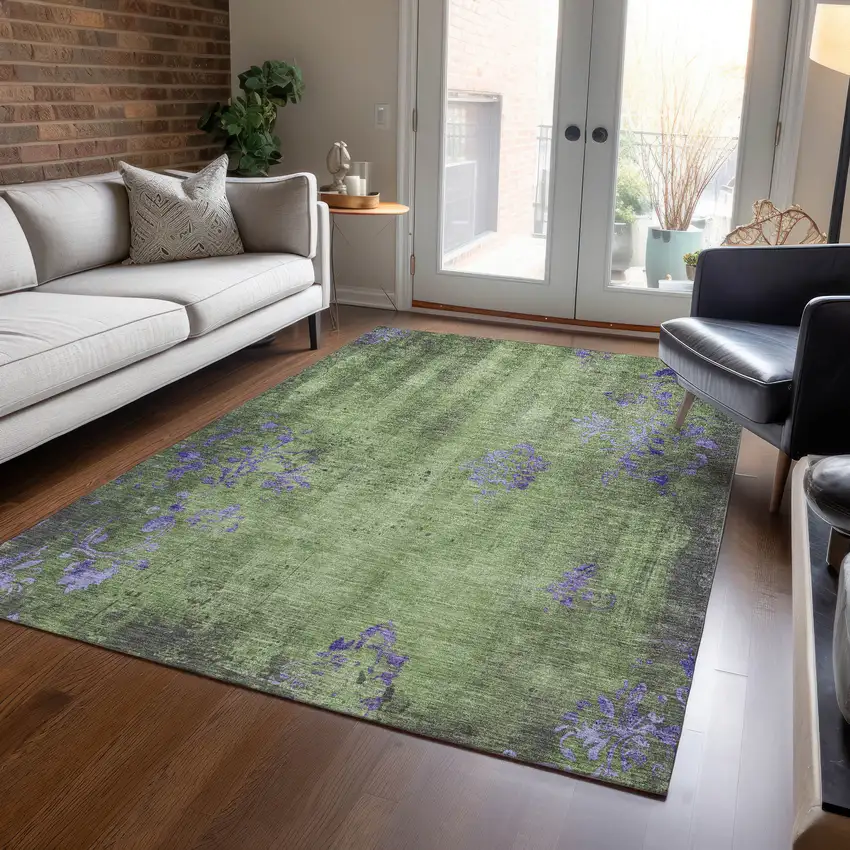 Artichoke Green And Purple Floral Washable Indoor Outdoor Area Rug Photo 7