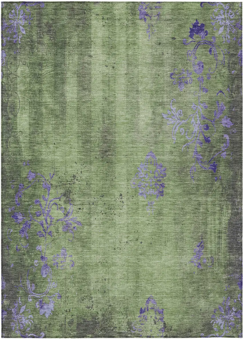 Artichoke Green And Purple Floral Washable Indoor Outdoor Area Rug Photo 1
