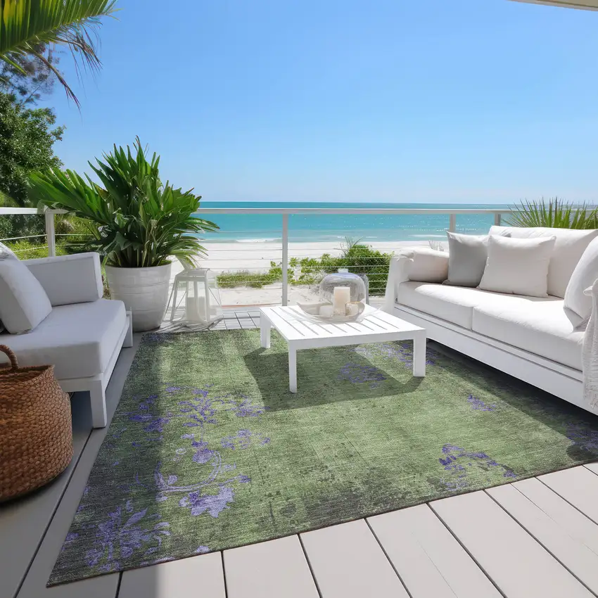 Artichoke Green And Purple Floral Washable Indoor Outdoor Area Rug Photo 9