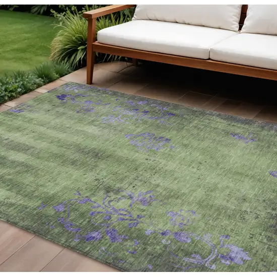 Artichoke Green And Purple Floral Washable Indoor Outdoor Area Rug Photo 2