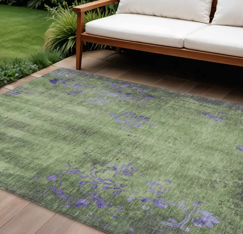 Artichoke Green And Purple Floral Washable Indoor Outdoor Area Rug Photo 2