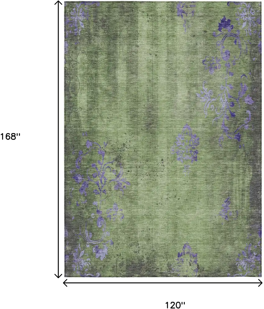 Artichoke Green And Purple Floral Washable Indoor Outdoor Area Rug Photo 9