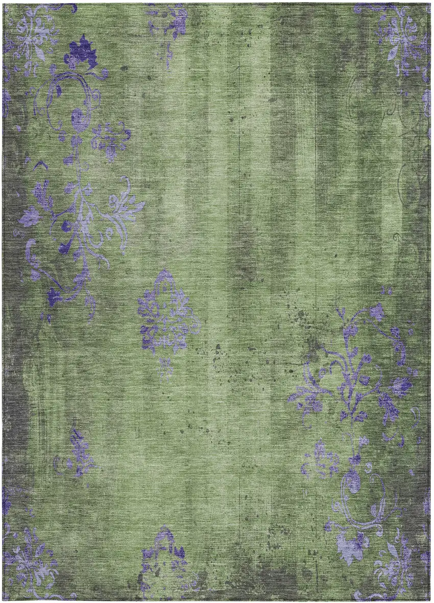 Artichoke Green And Purple Floral Washable Indoor Outdoor Area Rug Photo 3