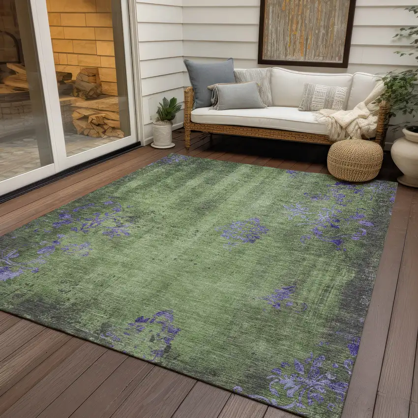 Artichoke Green And Purple Floral Washable Indoor Outdoor Area Rug Photo 6