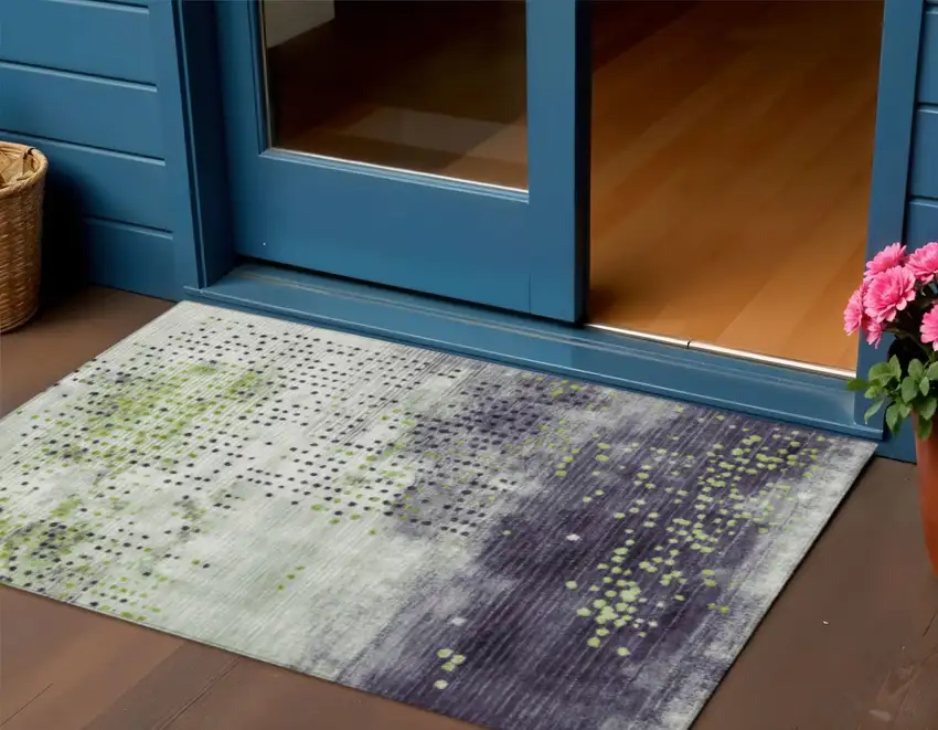 Artichoke Green And Purple Geometric Washable Indoor Outdoor Area Rug Photo 2