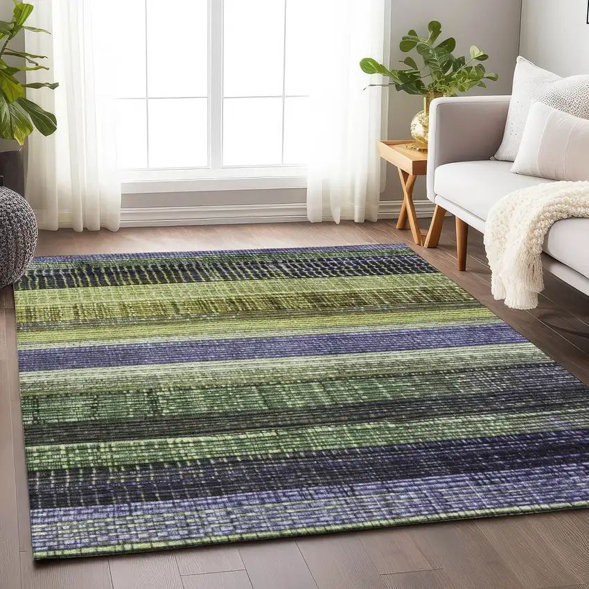 Artichoke Green And Purple Striped Washable Indoor Outdoor Area Rug Photo 6
