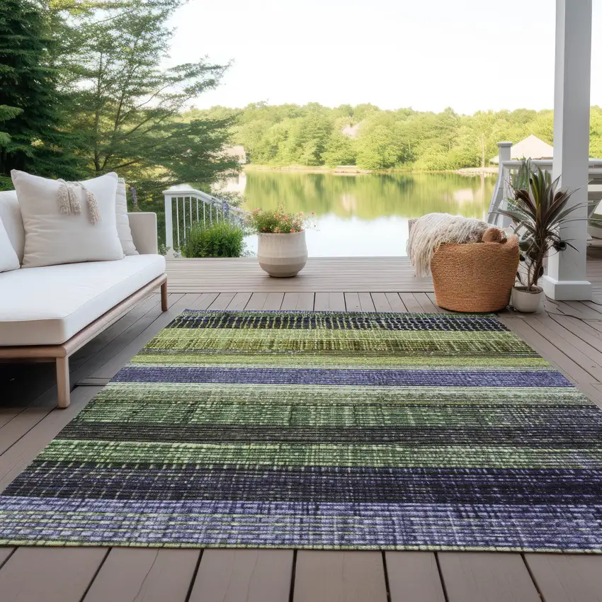 Artichoke Green And Purple Striped Washable Indoor Outdoor Area Rug Photo 5
