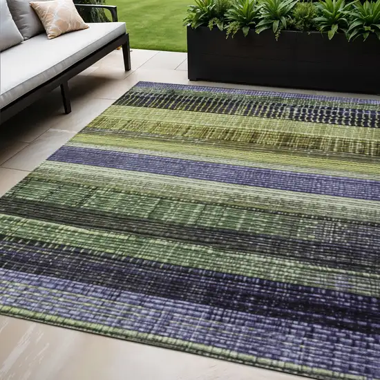 Artichoke Green And Purple Striped Washable Indoor Outdoor Area Rug Photo 2