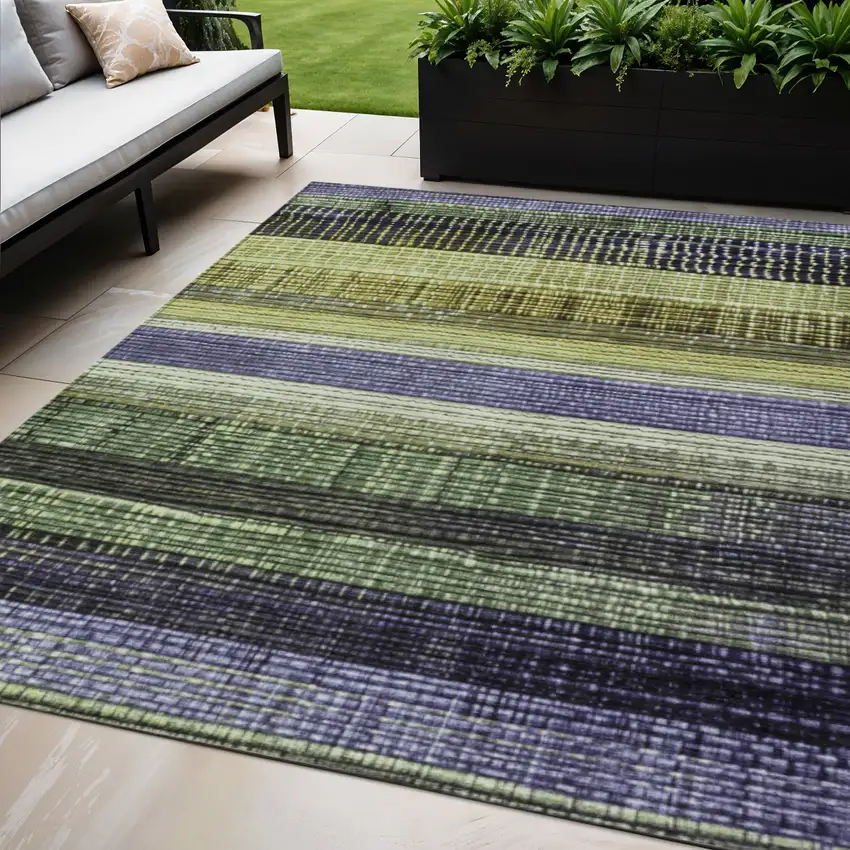 Artichoke Green And Purple Striped Washable Indoor Outdoor Area Rug Photo 2