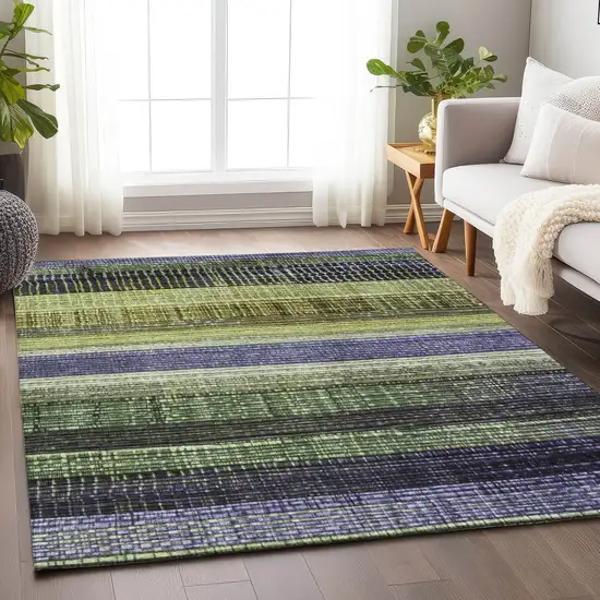Artichoke Green And Purple Striped Washable Indoor Outdoor Area Rug Photo 5