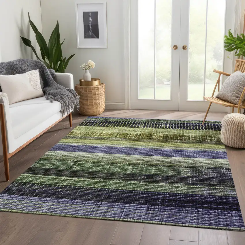 Artichoke Green And Purple Striped Washable Indoor Outdoor Area Rug Photo 6