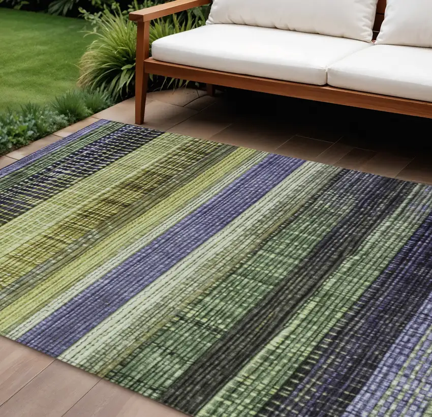 Artichoke Green And Purple Striped Washable Indoor Outdoor Area Rug Photo 2