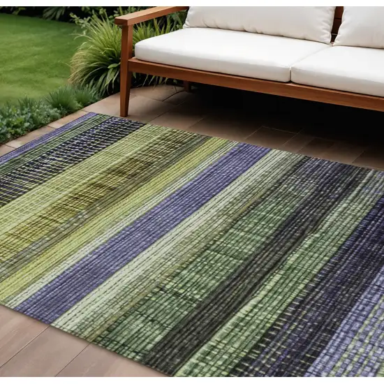 Artichoke Green And Purple Striped Washable Indoor Outdoor Area Rug Photo 2