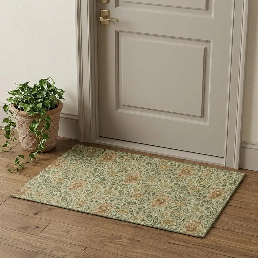 Artichoke Green And Rust Floral Washable Area Rug With UV Protection Photo 1