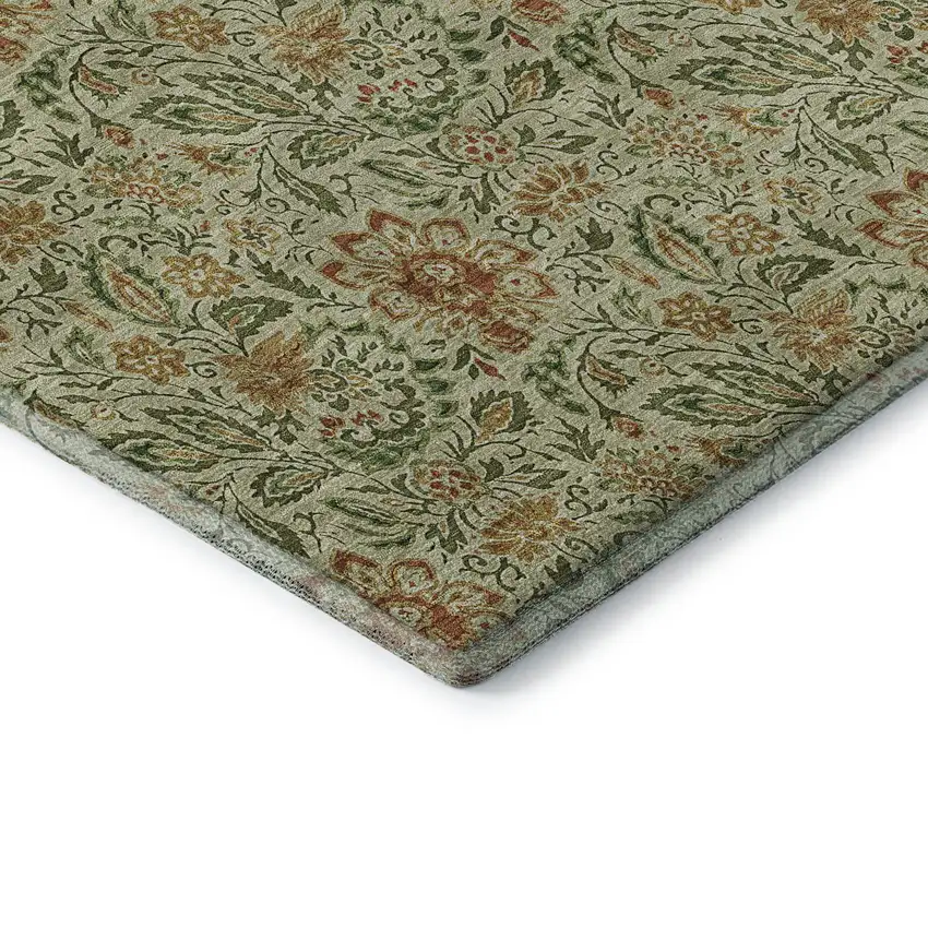Artichoke Green And Rust Floral Washable Area Rug With UV Protection Photo 7