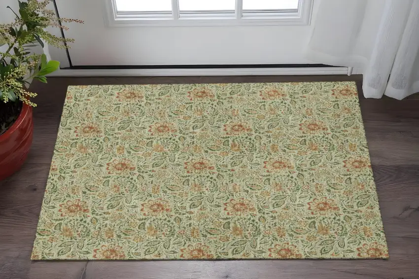 Artichoke Green And Rust Floral Washable Area Rug With UV Protection Photo 2