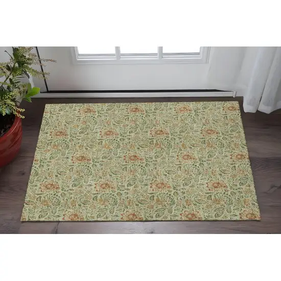 Artichoke Green And Rust Floral Washable Area Rug With UV Protection Photo 2