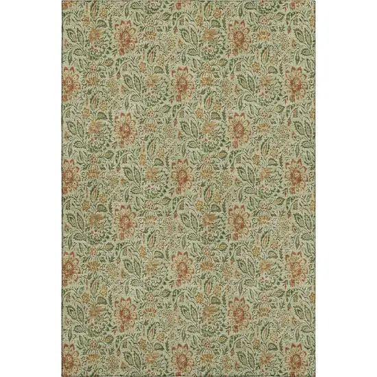 Artichoke Green And Rust Floral Washable Area Rug With UV Protection Photo 1