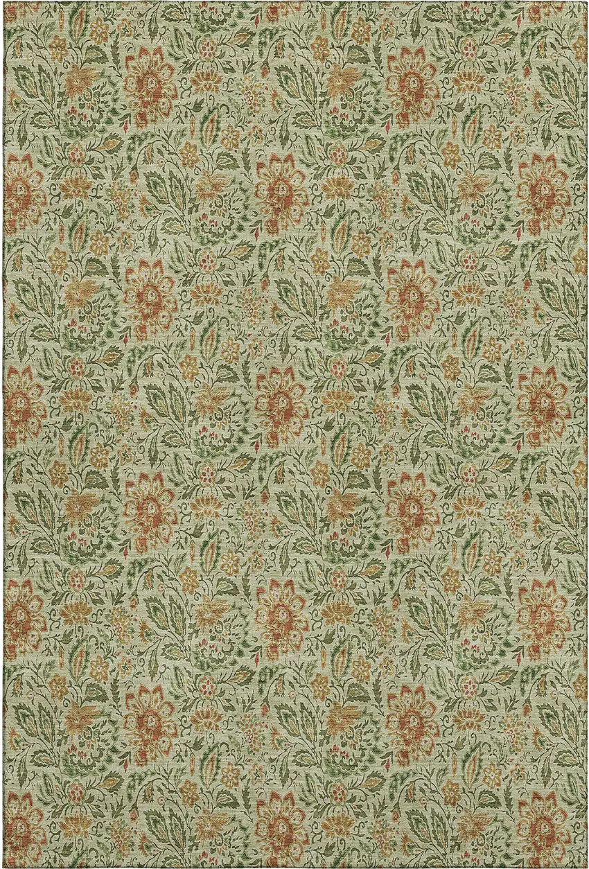 Artichoke Green And Rust Floral Washable Area Rug With UV Protection Photo 1