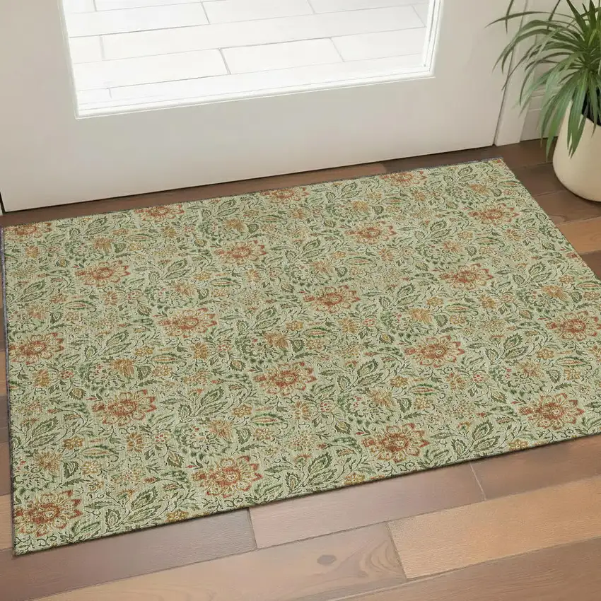 Artichoke Green And Rust Floral Washable Area Rug With UV Protection Photo 1