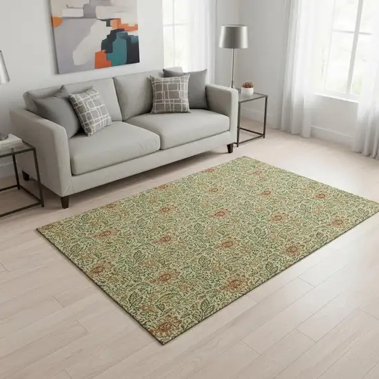 Artichoke Green And Rust Floral Washable Area Rug With UV Protection Photo 1