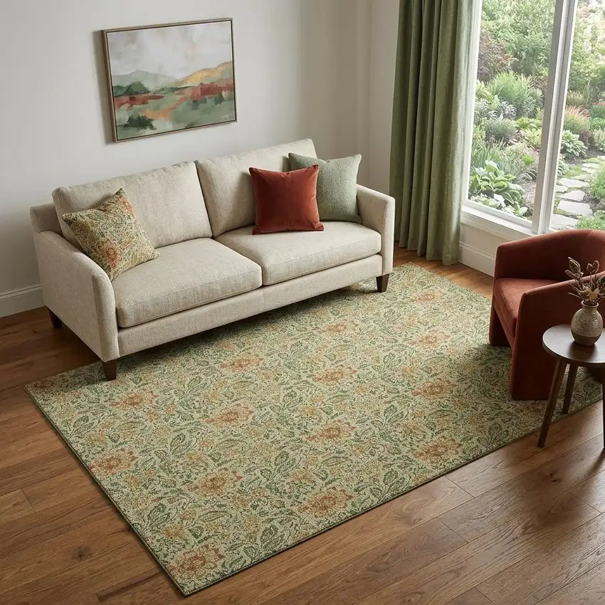 Artichoke Green And Rust Floral Washable Area Rug With UV Protection Photo 1