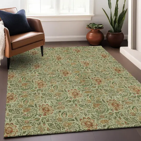 Artichoke Green And Rust Floral Washable Area Rug With UV Protection Photo 4