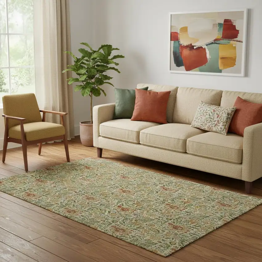 Artichoke Green And Rust Floral Washable Area Rug With UV Protection Photo 1