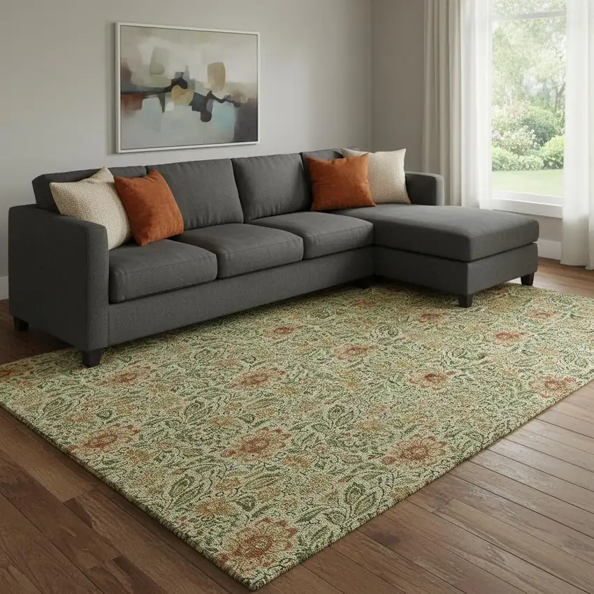 Artichoke Green And Rust Floral Washable Area Rug With UV Protection Photo 1