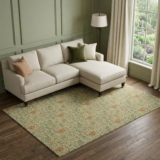 Artichoke Green And Rust Floral Washable Area Rug With UV Protection Photo 1